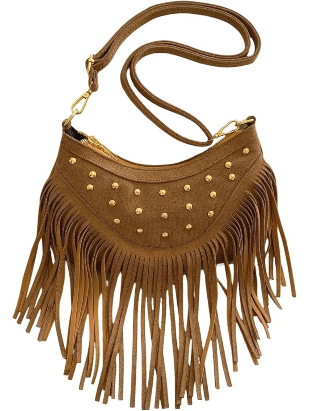 Chic Faux Suede Crossbody Bag with Rivet Fringe & Tassel - Y2K Vintage Boho